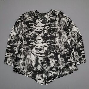 JEANS BY BUFFALO Women's M Black White Abstract V Neck Long Sleeve Blouse Top